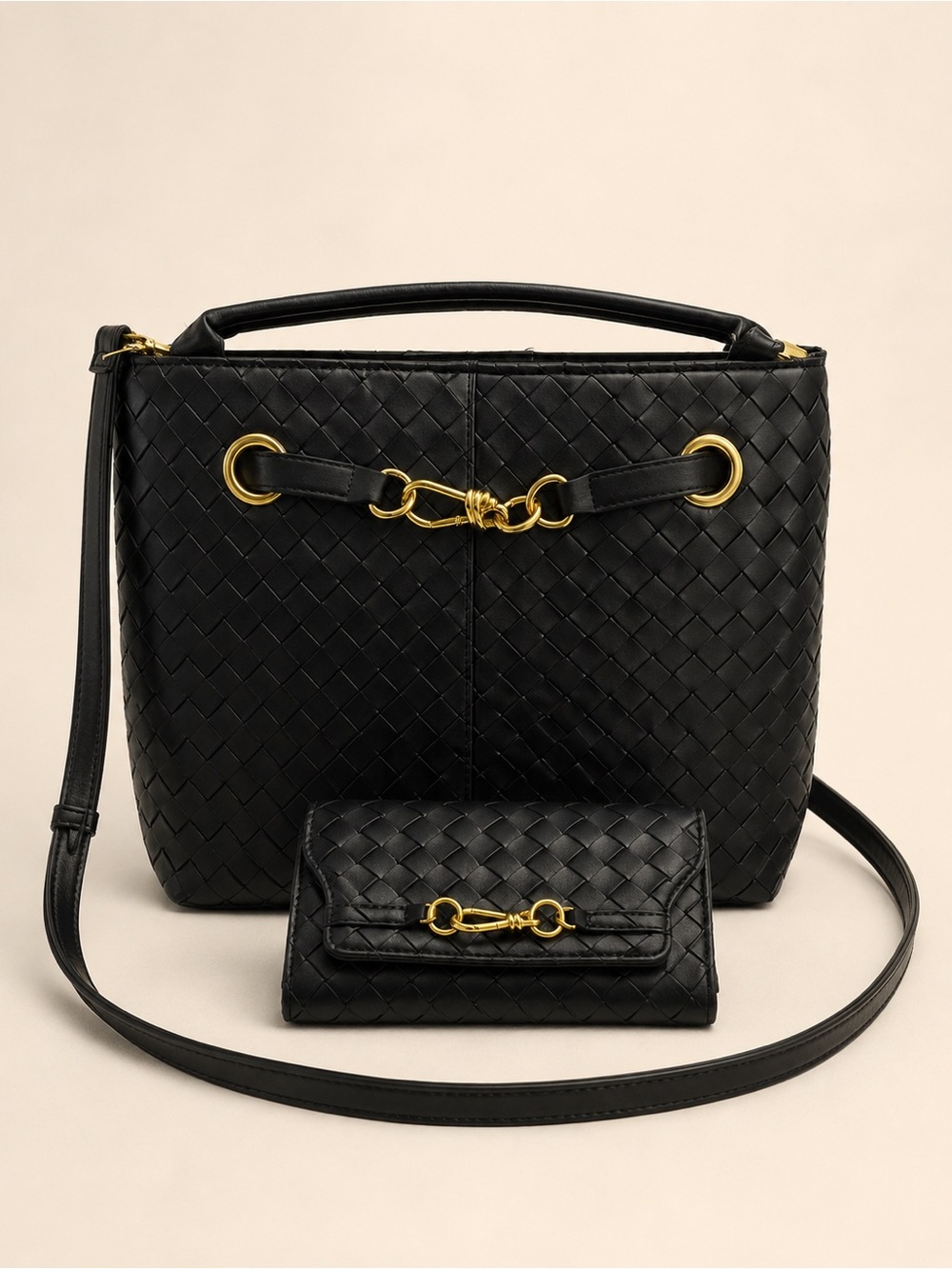 Black Woven Leather Handbag and Wallet Set Gold Hardware Crossbody Tote